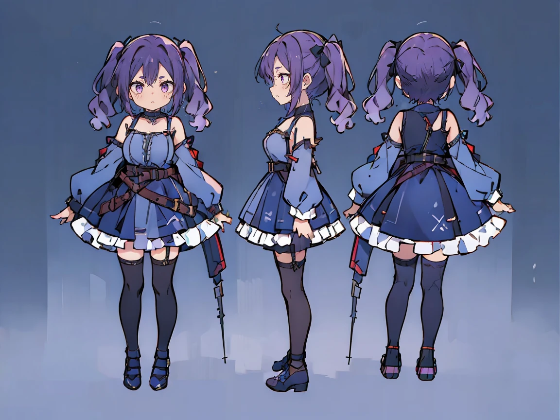 (((three-sided view, front view, side view, back view, multiple views, multiple poses and expressions, many parts)), concept art, character concept art, character sheet, Full body, illustration, (simple background, gray background), 1 character, 1girl, fantasy art:1.1), (reo mikage:0.7), blue lock, girls with((purple hair, bangs, (two side up, twintail, long wavy hair, ribbon:1.55), perfect hands, perfect fingers, (exposed breasts, tits cleavage, breasts close up:1.2), dress((suspenders, dress, belt, nun:1.15), (blue clothes, frills shirt, no sleeves, sleeveless, frills panniers, long sleeves, white legwear, thighhighs, single thighhighs, single legwear, black footwear, strap shoes:1.42))
