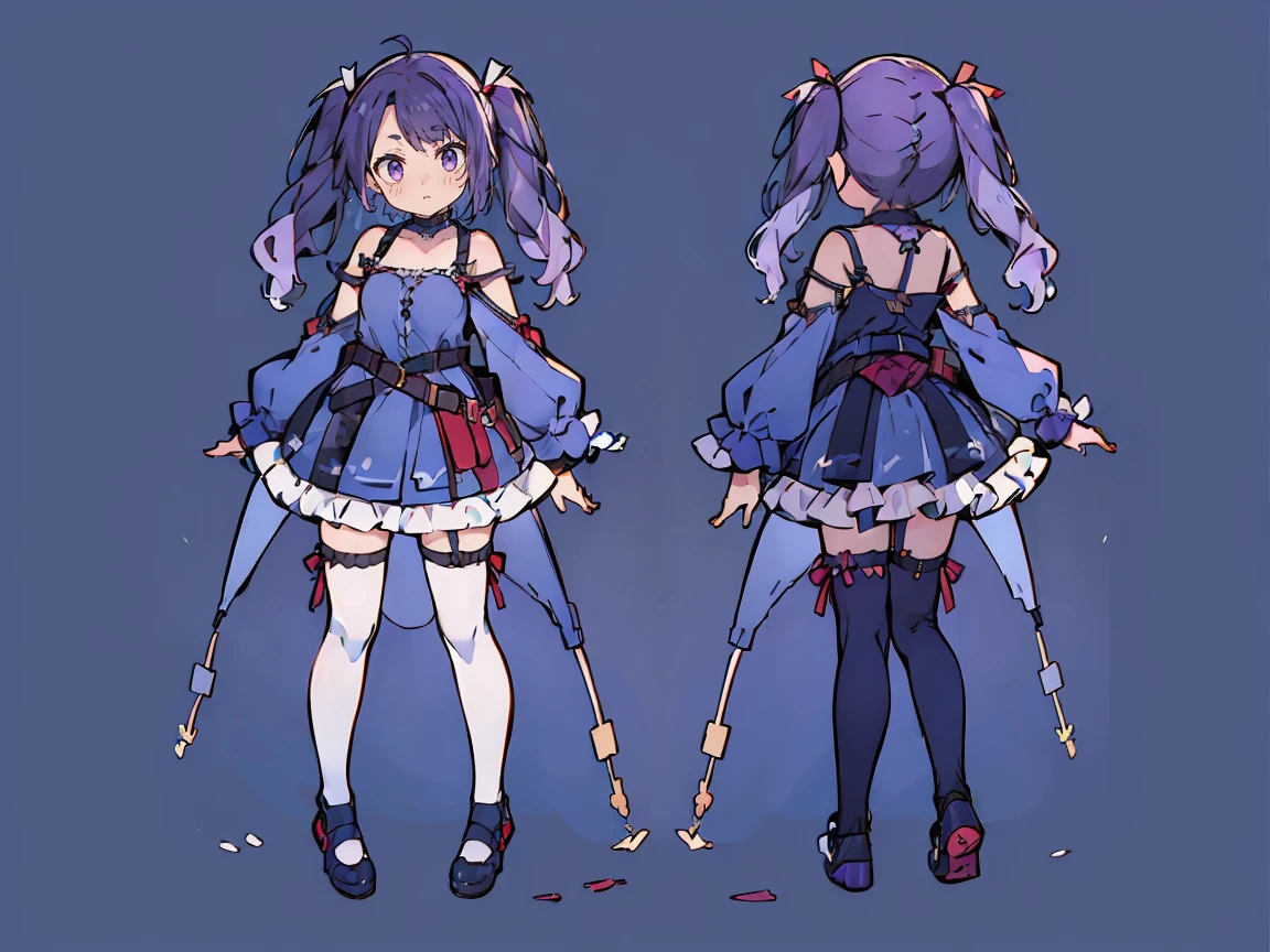(((three-sided view, front view, side view, back view, multiple views, multiple poses and expressions, many parts)), concept art, character concept art, character sheet, Full body, illustration, (simple background, gray background), 1 character, 1girl, fantasy art:1.1), (reo mikage:0.7), blue lock, girls with((purple hair, bangs, (two side up, twintail, long wavy hair, ribbon:1.55), perfect hands, perfect fingers, (exposed breasts, tits cleavage, breasts close up:1.2), dress((suspenders, dress, belt, nun:1.15), (blue clothes, frills shirt, no sleeves, sleeveless, frills panniers, long sleeves, white legwear, thighhighs, single thighhighs, single legwear, black footwear, strap shoes:1.42))