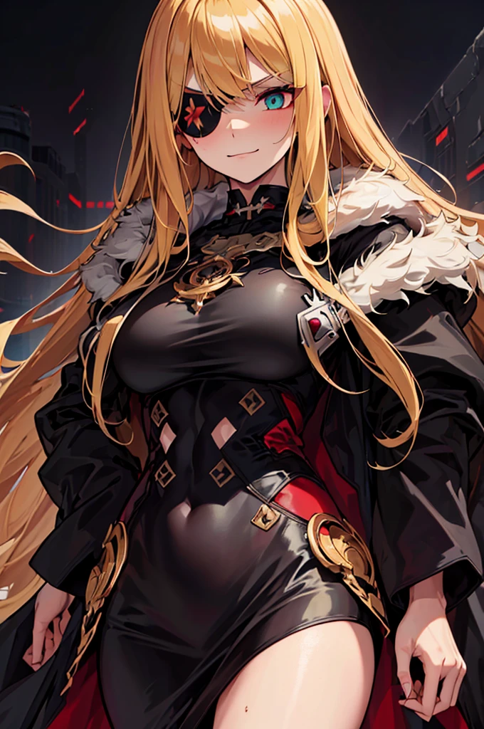 ((masterpiece)), ((best quality)), 1girl, adult, long hair, ((blonde hair)), very long blonde hair, ((intimidant look)), ((close-up)), profile image, green eyes, black and red clothes, sexy, dark colors, brillant eyes, ((coat with fur)), ((wavy hair)), exposed skin, ((sexy pose)), ((intimidant look)), good anatomy, ((dark sage clothes)), ((straight cut bangs)), emotionless, intimidant, ((beautiful eyes)), dark background, close up, ((detailed eyes)), beautiful eyes, ((detailed face)), hair bang, frontal look, evil, relaxed, smile, magical goddess othinus, detailed face, eyepatch, full body, ((detailed))