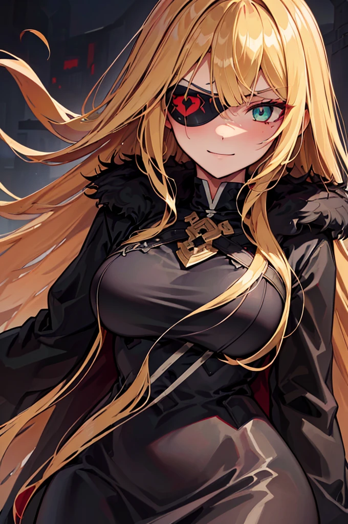 ((masterpiece)), ((best quality)), 1girl, adult, long hair, ((blonde hair)), very long blonde hair, ((intimidant look)), ((close-up)), profile image, green eyes, black and red clothes, sexy, dark colors, brillant eyes, ((coat with fur)), ((wavy hair)), exposed skin, ((sexy pose)), ((intimidant look)), good anatomy, ((dark sage clothes)), ((straight cut bangs)), emotionless, intimidant, ((beautiful eyes)), dark background, close up, ((detailed eyes)), beautiful eyes, ((detailed face)), hair bang, frontal look, evil, relaxed, smile, magical goddess othinus, detailed face, eyepatch, full body, ((detailed))
