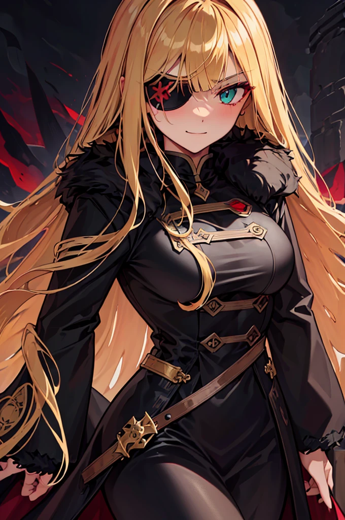 ((masterpiece)), ((best quality)), 1girl, adult, long hair, ((blonde hair)), very long blonde hair, ((intimidant look)), ((close-up)), profile image, green eyes, black and red clothes, sexy, dark colors, brillant eyes, ((coat with fur)), ((wavy hair)), exposed skin, ((sexy pose)), ((intimidant look)), good anatomy, ((dark sage clothes)), ((straight cut bangs)), emotionless, intimidant, ((beautiful eyes)), dark background, close up, ((detailed eyes)), beautiful eyes, ((detailed face)), hair bang, frontal look, evil, relaxed, smile, magical goddess othinus, detailed face, eyepatch, full body, ((detailed))