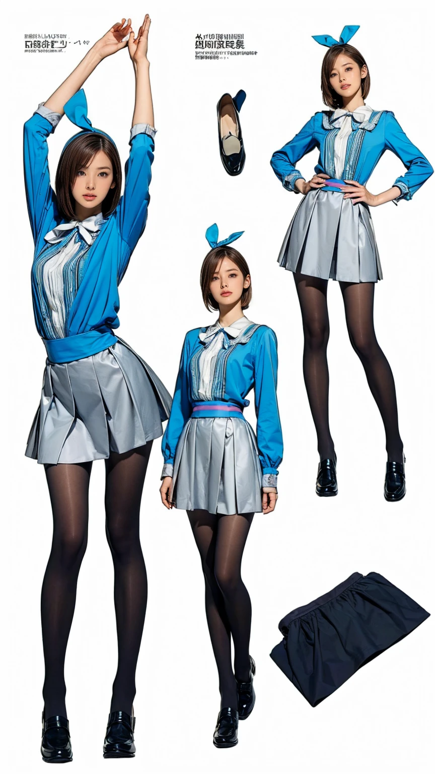 ((masterpiece)),(((Highest quality))),((Character design sheet)),Thin thighs,Long legs,((Alice in Wonderland, wearing a large ribbon on your head,, wear black tights，loafers))、20 year old Japanese woman， (Very slim:1.4)、Low - Angle，Walking with arms raised:1.5，