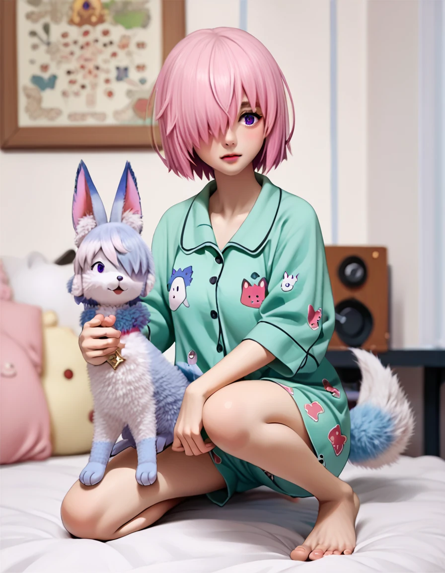 score_9, score_8_up, score_7_up, source_anime,
mashkyrielight, mash kyrielight, short hair, purple eyes, pink hair, hair over one eye,
Fou-Kun themed pajamas, fuzzy, ears and tail, barefoot, white, kirugimi