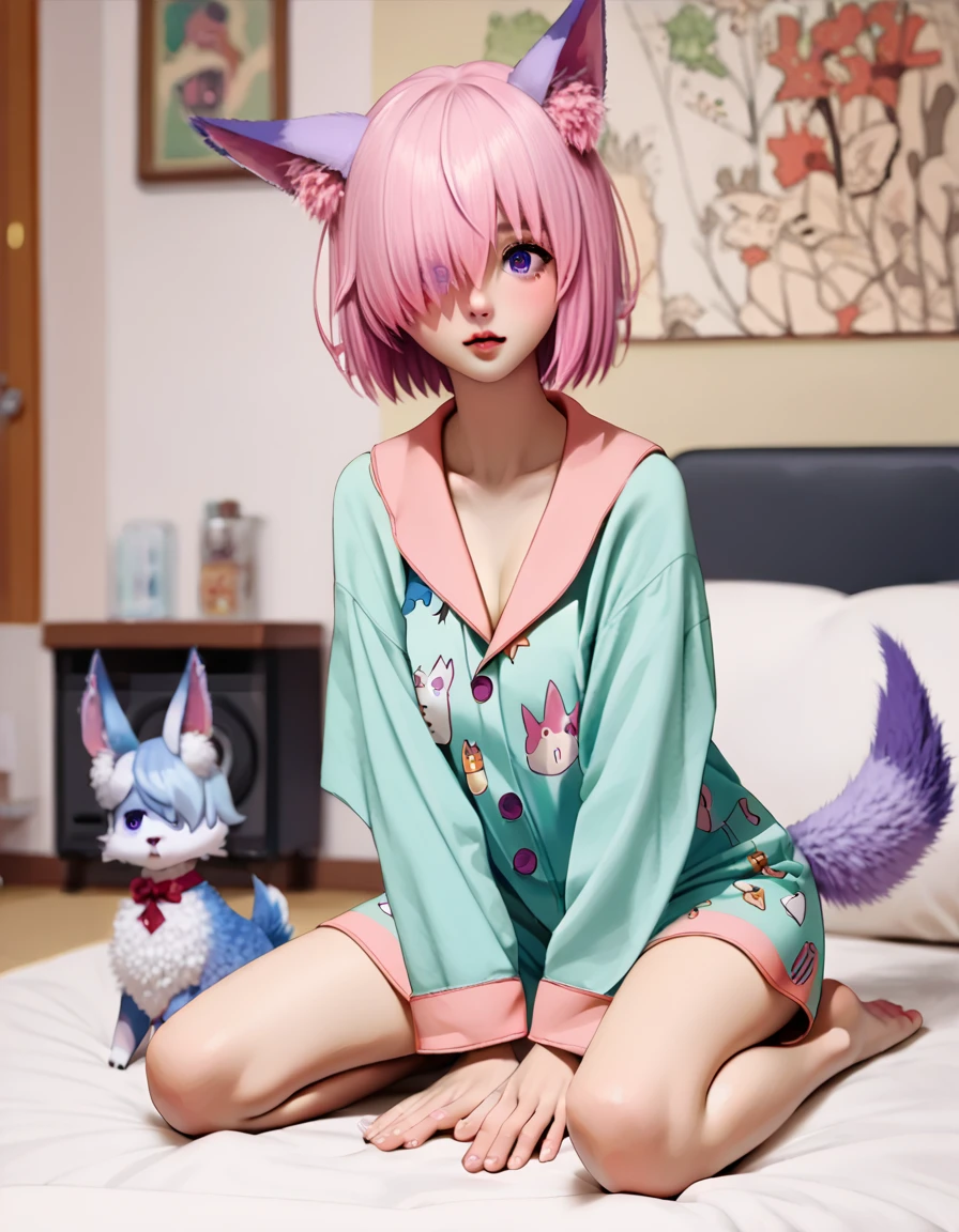 score_9, score_8_up, score_7_up, source_anime,
mashkyrielight, mash kyrielight, short hair, purple eyes, pink hair, hair over one eye,
Fou-Kun themed pajamas, fuzzy, ears and tail, barefoot, white, kirugimi