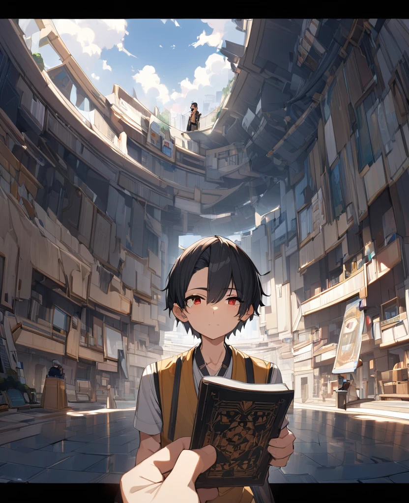 One Man、Black Hair、Hairstyle、Shortcuts、Red eyes、Droopy eyeole under eye、whole body、Ocher vest、Please hold the book in your right hand.、cloudy, Hair behind the ear, Asymmetrical bangs、 short hair, Red eyes, A light smile, First Person View, Ultra-high resolution, Very detailed