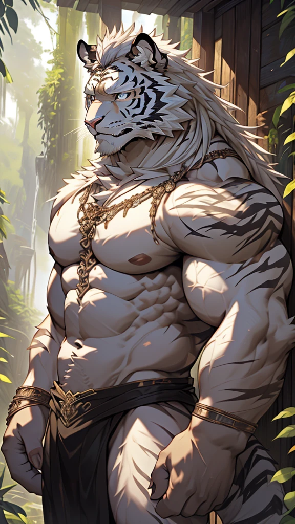 (masterpiece),(highres),(intricate details:1.4),extremely detailed,(illustration:1.2),8k,photorealistic,Anime headshot,exquisite,full body shot,aged,elder male tiger,white fur,muscular,warrior,(naked upper body:1.4),(white hair:1.3),hot jungle,sexy