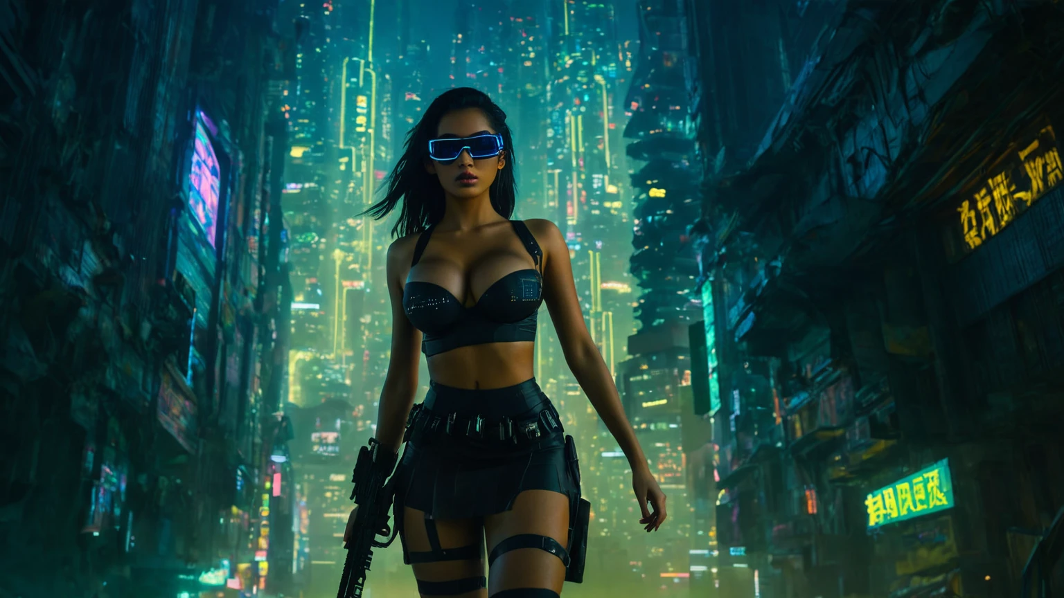 dark futuristic landscape, at night, neon lights, Atmospheric fog, large buildings in the background, futuristic city, busy streets with open shops, Ruined buildings, skyscraper (postapocalyptic city:1.3). at night, (((Matrix style cascading code))), (1woman, solo, perfect body), photo realistic, (large-breast:1.1 slim body, cleavage), (((tube top, extreamly short pleated (((((miniskirt))))) exposing panty))), (((((((matrix style black sunglasses))))))), (((((((sprinting with a (pistol), looking at camera))))))), (((half-body (thigh level) medium shot))), cinematic lighting.