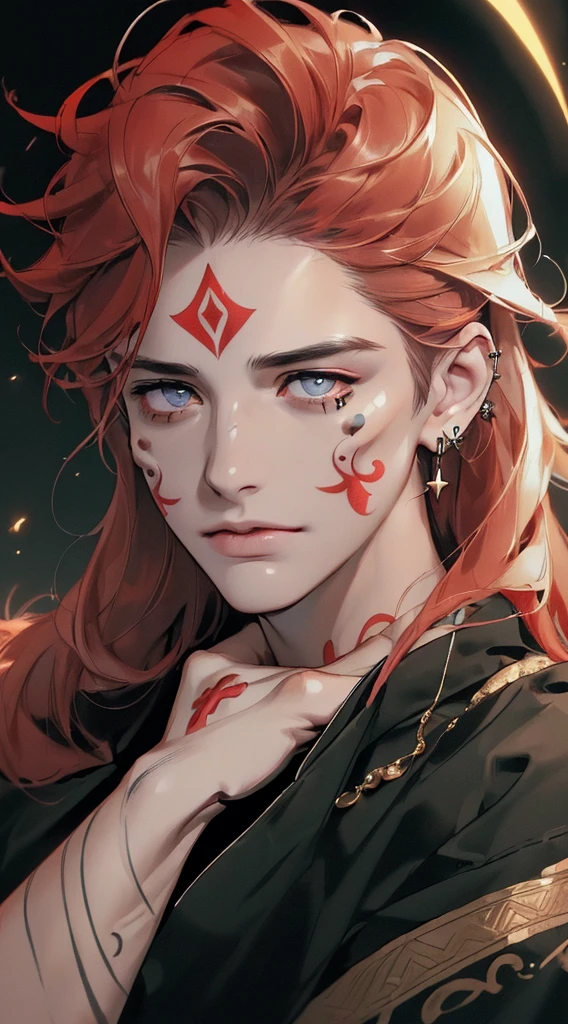 (((8K, RAW photos, Best quality, tmasterpiece: 1.4))), Ultra-high resolution, ultra - detailed, lamplight, Close-up cleavage, Handsome men, gold eyes, (Detailed eyes, The eyes are bright:1.2), Medium long red hair:1.2, pale-skinned, ear piercings, dark, Blackn clothes, Meticulous clothes, gold accessories on clothes, (perfect anatomia:1.2), Highqualityshadow, natural lightting, (White highlights:1.2), natta, overcast day, (Facial tattoos:1.2), (starrysky:1.2)