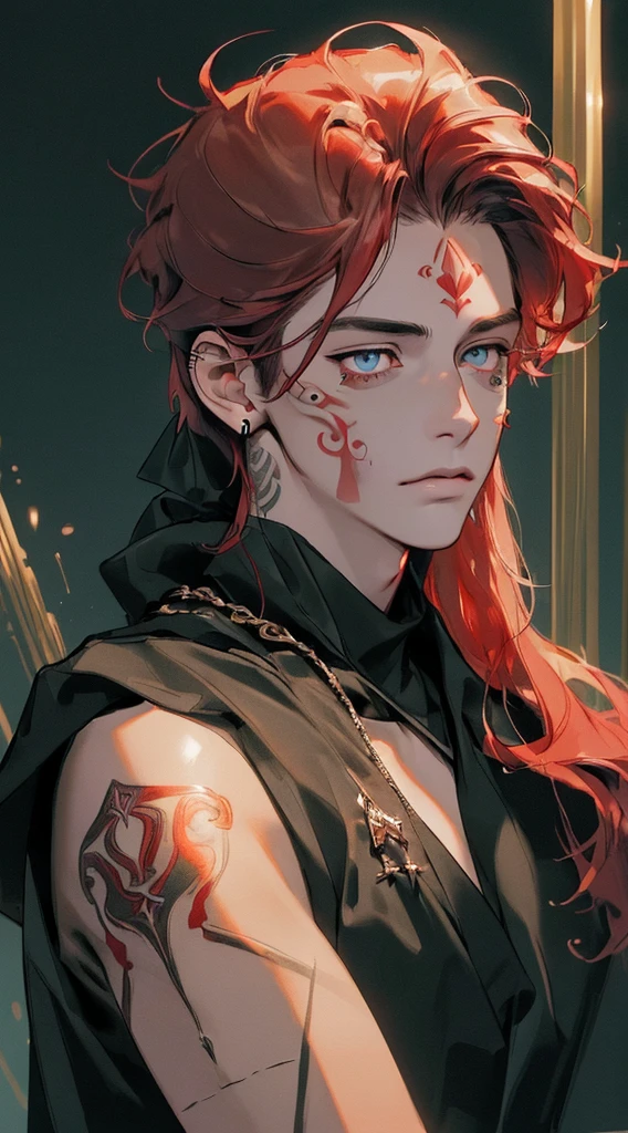 (((8K, RAW photos, Best quality, tmasterpiece: 1.4))), Ultra-high resolution, ultra - detailed, lamplight, Close-up cleavage, Handsome men, gold eyes, (Detailed eyes, The eyes are bright:1.2), Medium long red hair:1.2, pale-skinned, ear piercings, dark, Blackn clothes, Meticulous clothes, gold accessories on clothes, (perfect anatomia:1.2), Highqualityshadow, natural  lightting, (White highlights:1.2), natta, overcast day, (Facial tattoos:1.2), (starrysky:1.2)