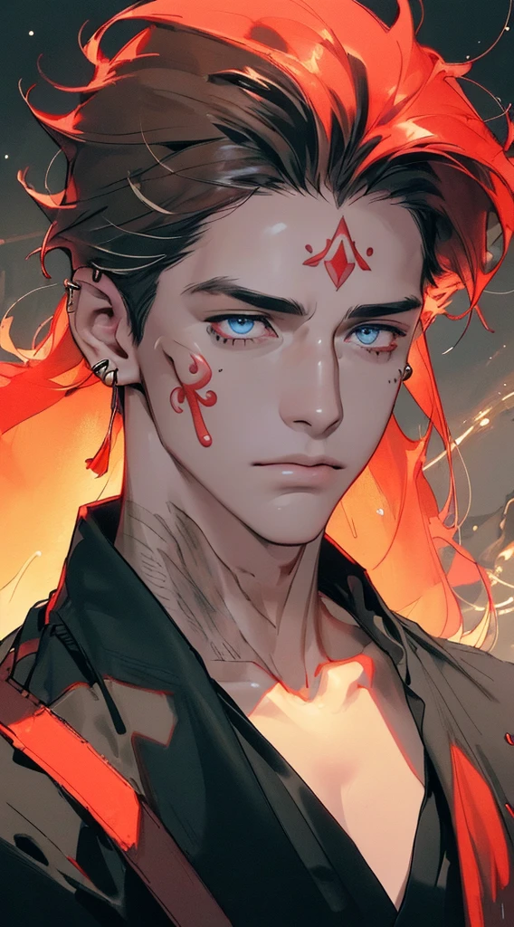(((8K, RAW photos, Best quality, tmasterpiece: 1.4))), Ultra-high resolution, ultra - detailed, lamplight, Close-up cleavage, Handsome men, gold eyes, (Detailed eyes, The eyes are bright:1.2), Medium long red hair:1.2, pale-skinned, ear piercings, dark, Blackn clothes, Meticulous clothes, gold accessories on clothes, (perfect anatomia:1.2), Highqualityshadow, natural lightting, (White highlights:1.2), natta, overcast day, (Facial tattoos:1.2), (starrysky:1.2)