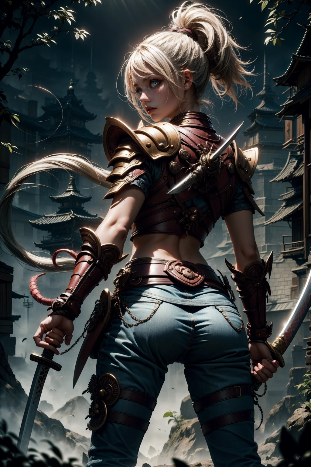 samurai girl, really short hair, with sexy samurai armor on your back, showing your back, katana sword