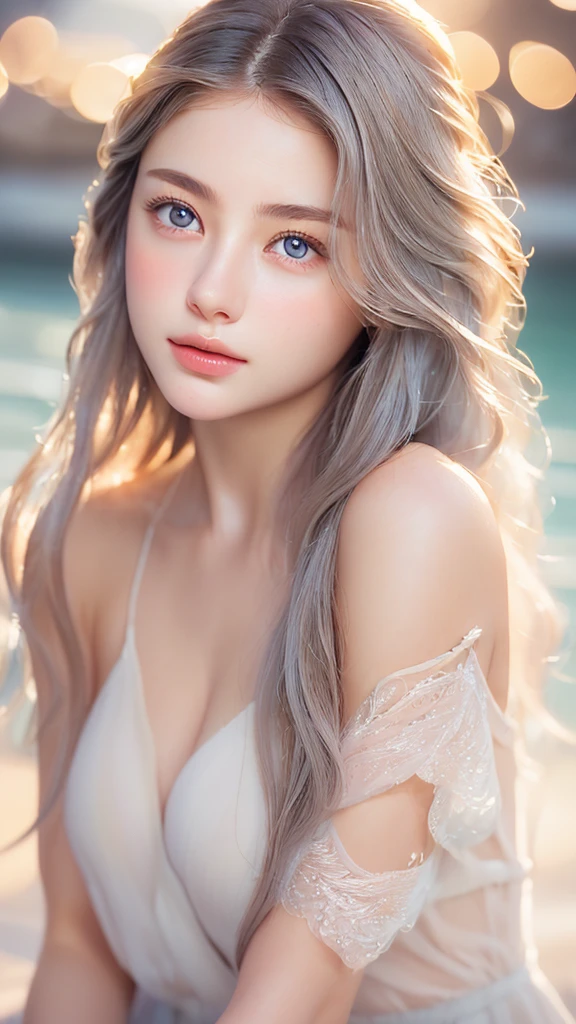 (realistic: 1.4), (masterpiece, side lighting, beautiful and delicate eyes: 1.2), masterpiece*portrait, low water, 20-year-old,realistic face, 3d face, bright eyes, romance gray voluminous hair, Glossy skin, alone, embarrassing, Bold lighting