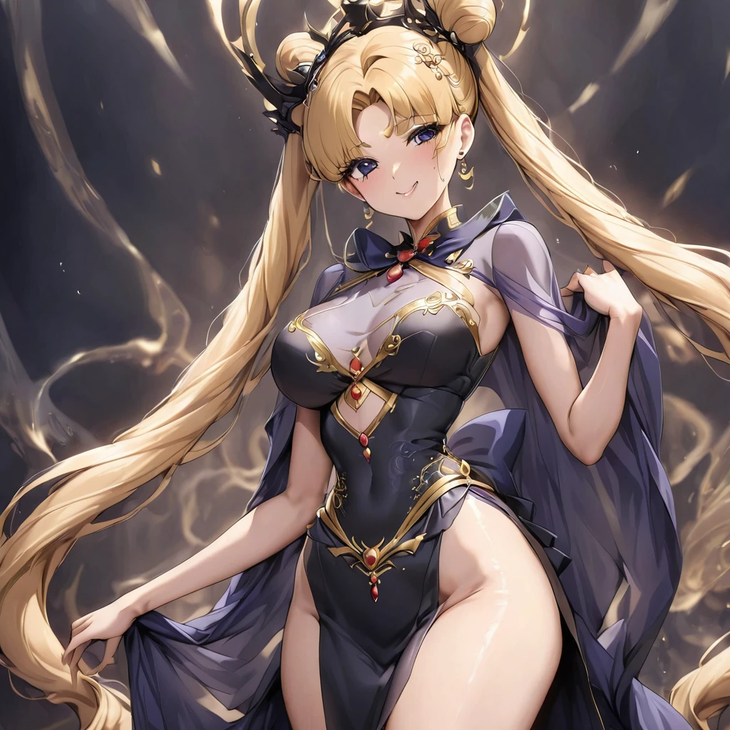 ((Highest quality)), ((masterpiece)), (detailed), （Perfect Face）、The woman is a dark queen wearing a gorgeous, glittering, long-slit see-through Chinese dress with gold embroidery, a black veil, a black see-through cape and gorgeous jeweled accessories.、The woman is the elegant Tsukino Usagi, with long blonde hair in a chignon twin tail.