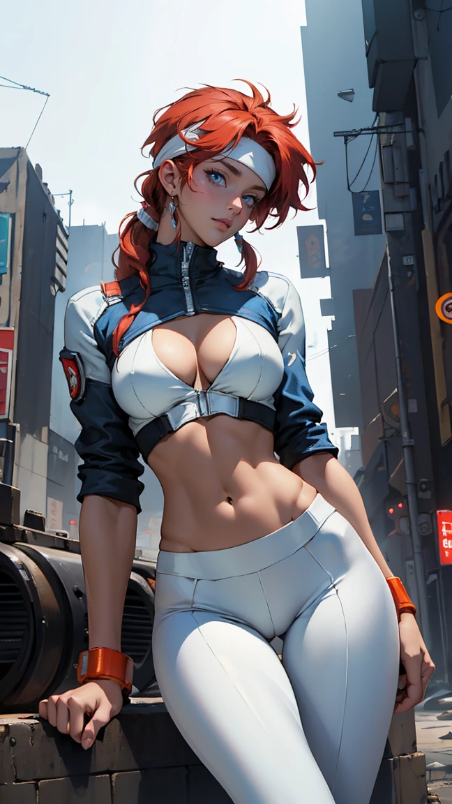 ((Masterpiece, highest quality; 1.3)), super quality, beautiful detail, super detailed, extra fine, 16K, exquisite, absurd, high resolution, beautiful background, detailed background, beautiful eyes, beautiful skin, anime style, Kay from Dirty Pair in a white outfit, tight outfit, cleavage, bushy redhead beauty, very light blue uniform, wearing tight clothes, skimpy, (mid chest: 1.2), cleavage, cleavage, slim waist , thin waist, slim thighs, thin legs, slim legs. thigh gap, showing stomach, skinny, thin hips, cyberpunk city background, holding retro space gun , headband, 