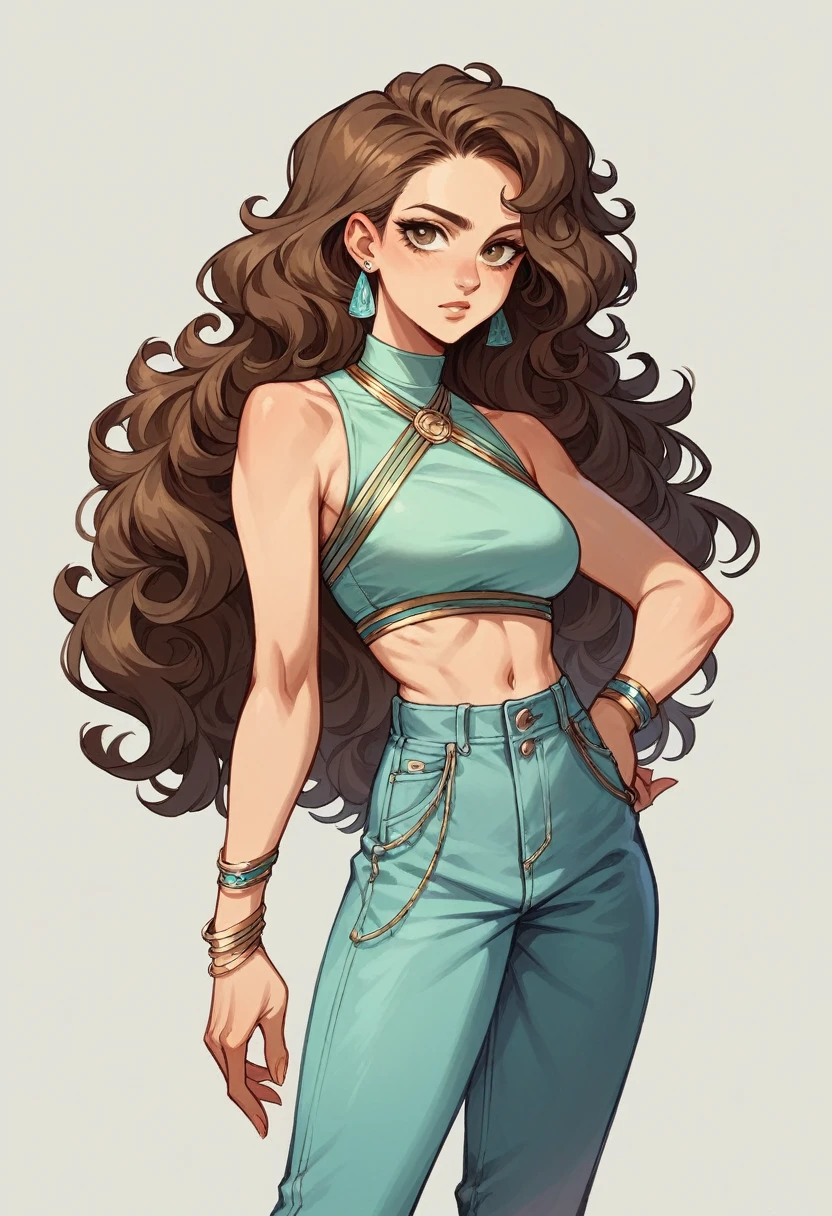 mental blow generates a woman with curly hair, very light brown eyes, brunette skin, very beautiful, modern clothes pants and loose cropped tied with strings, wear accessories like earrings and bracelets, It has a light blue fabric collar