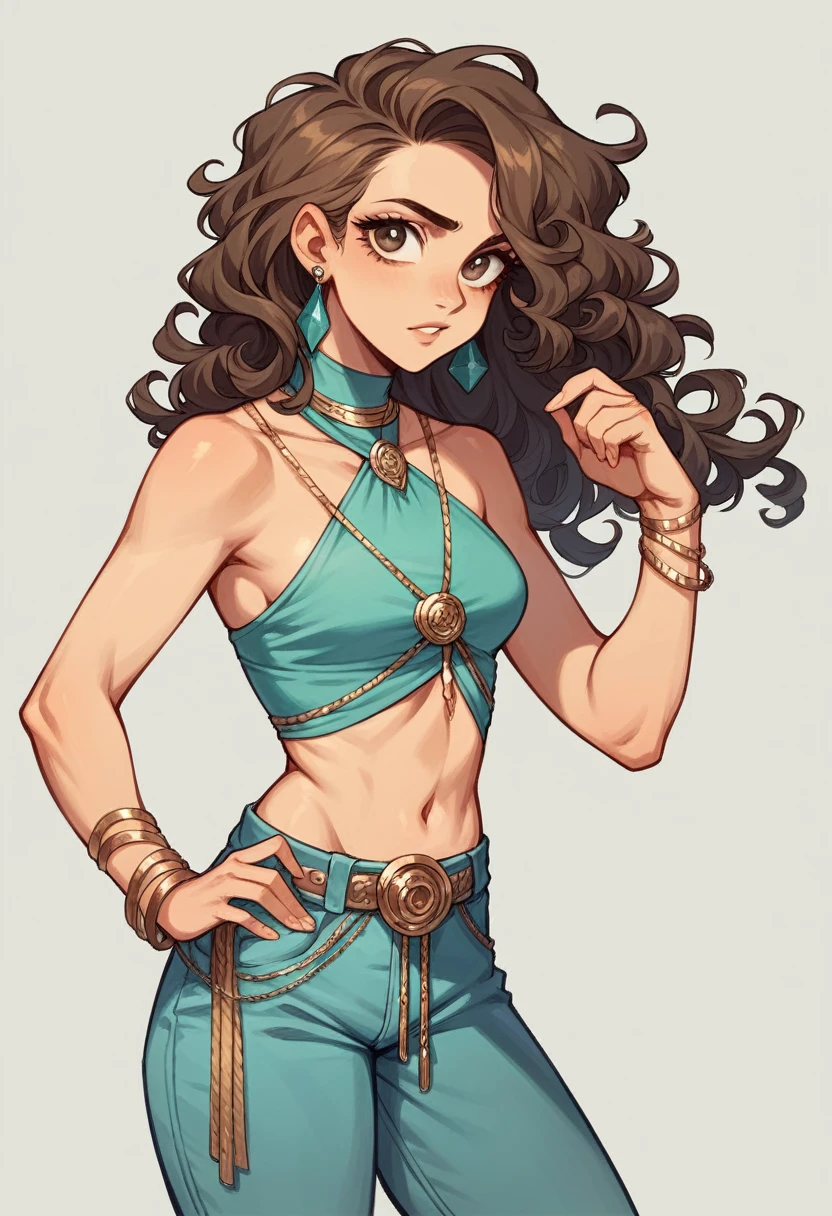 mental blow generates a woman with curly hair, very light brown eyes, brunette skin, very beautiful, modern clothes pants and loose cropped tied with strings, wear accessories like earrings and bracelets, It has a light blue fabric collar