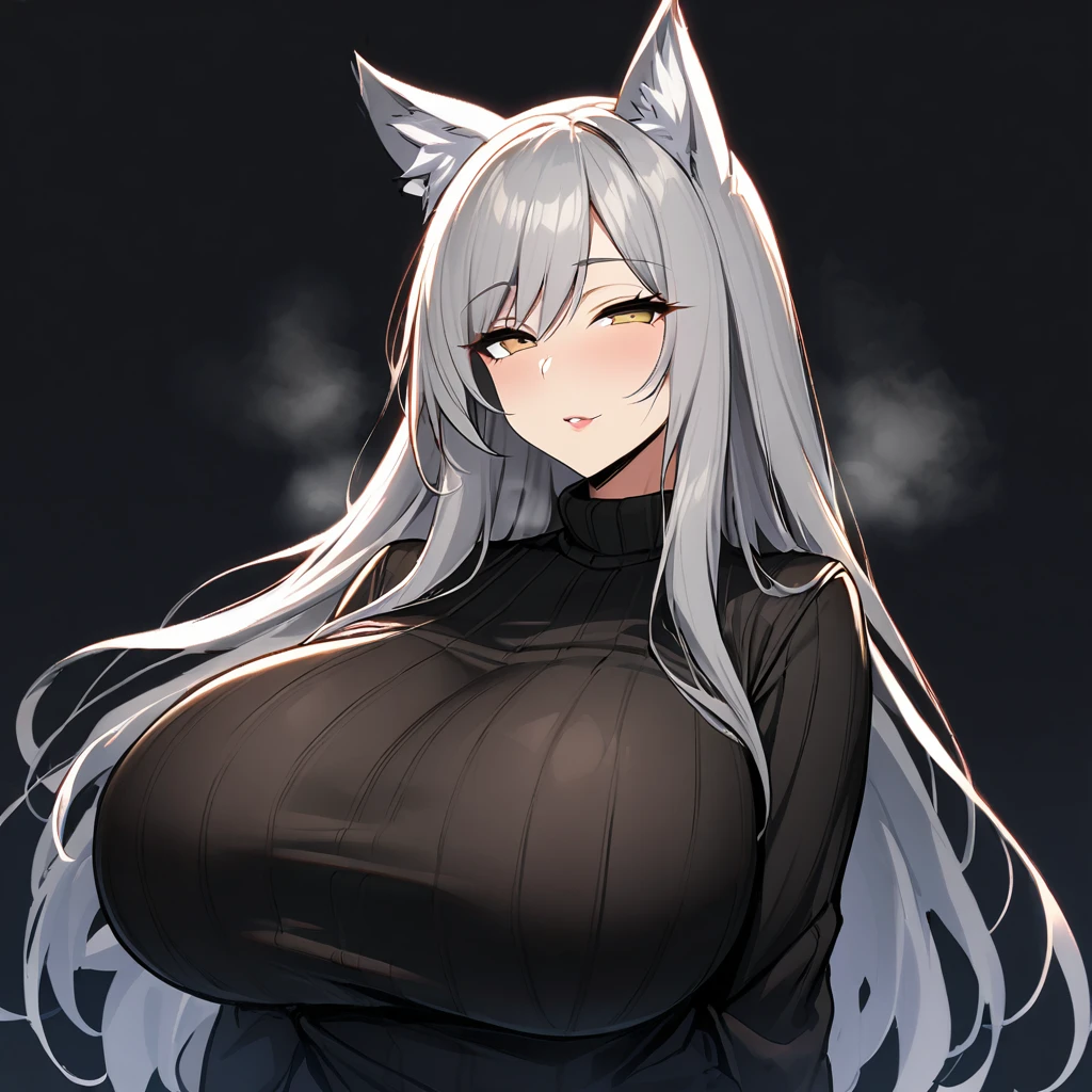 1girl,solo,Mature Women,Females in heat,grey hair color,long hair,wolf ears,blonde eyes,slanted eyes,super huge breasts,slender,black knit long sleeves,breath,amorous glance,looking at viewer,near,standing up,black background