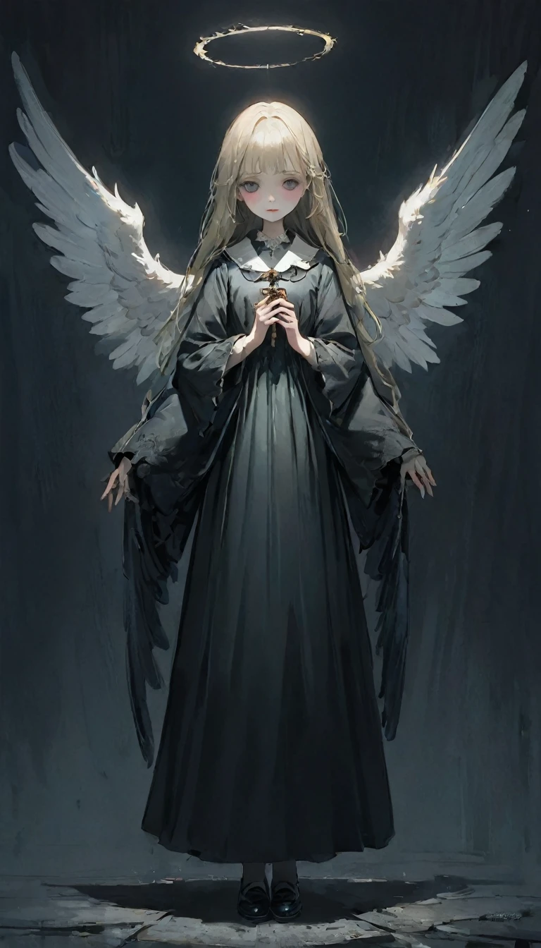 (masterpiece), (High resolution), (Very delicate), (masterpiece: 1.2, Highest quality),Darkness, An angel standing in the darkness、The girl who guides the dead to heaven、Cute face、Expressionless、 scribble, nightmare, Doll-like face, Manga Style, rough sketch, Manga Styleイラスト, Japanese painting, whole body,(snap shot), Flat Illustration, Creepy Appearance, Unique atmosphere、