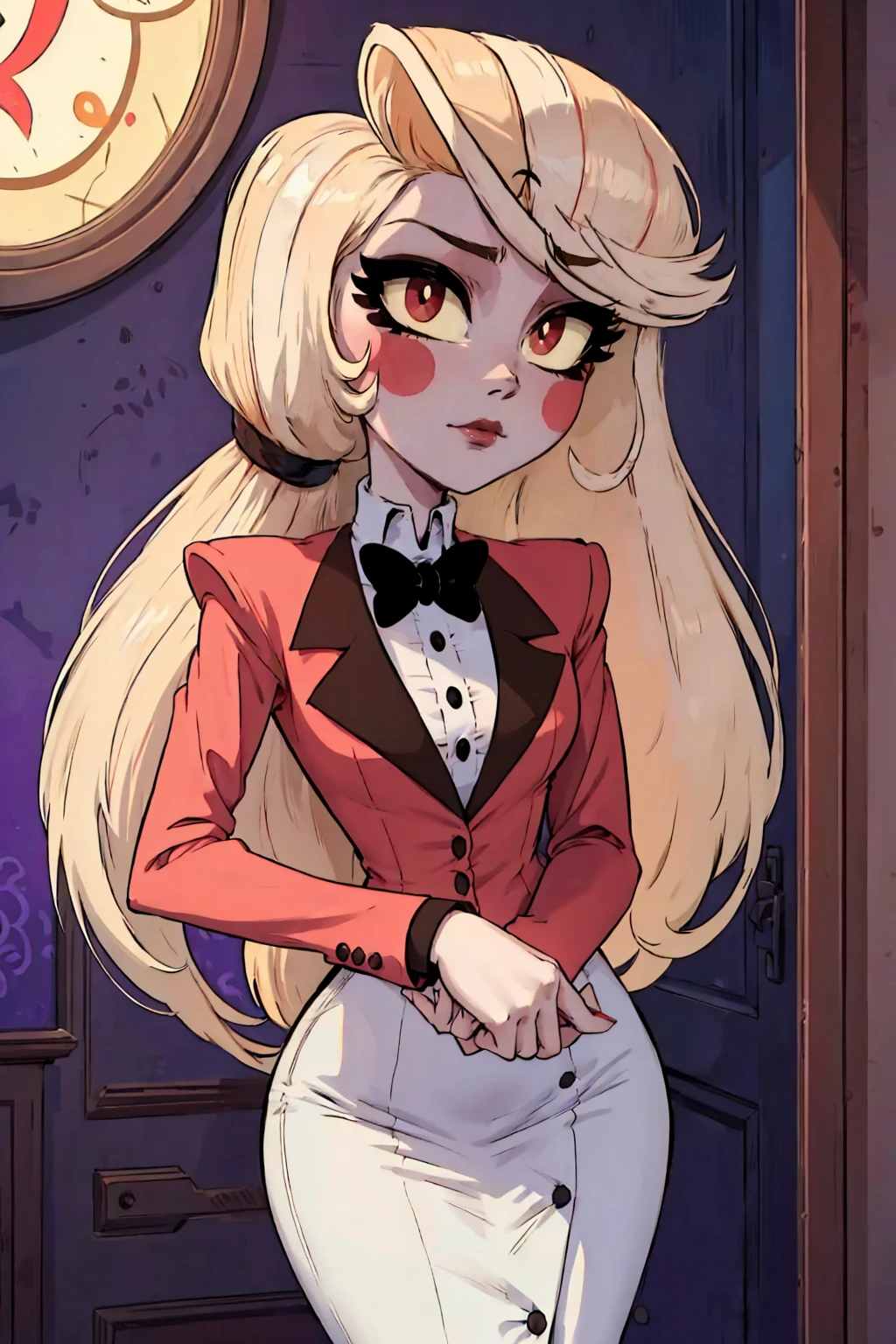 Charlie, pretty girl, cute face, sparkling eyes, sweet expression, soft smile, looking at viewer, lovely,kawaii background,  redSuit, White skin, rosy cheek, blonde ankle-length hair,  twice-banded ponytail with two black hair ties,eyes with light yellow sclera, red pupils, s 
red tuxedo-jacket with darker-colored lapels, high-collared white untucked dress-shirt with small black buttons on the upper-front, small black bowtie and black suspenders over her shoulders, dark red dress pants, medium-heeled white saddle shoes, (masterpiece:1.2), (cowboy-shot:1.2), dark romantic lighting, (highly detailed:1.2), (detailed face:1.2), (full-body shot:1.2), (gradients), colorful, detailed eyes, (natural lighting:1.2), (solo:1.2),