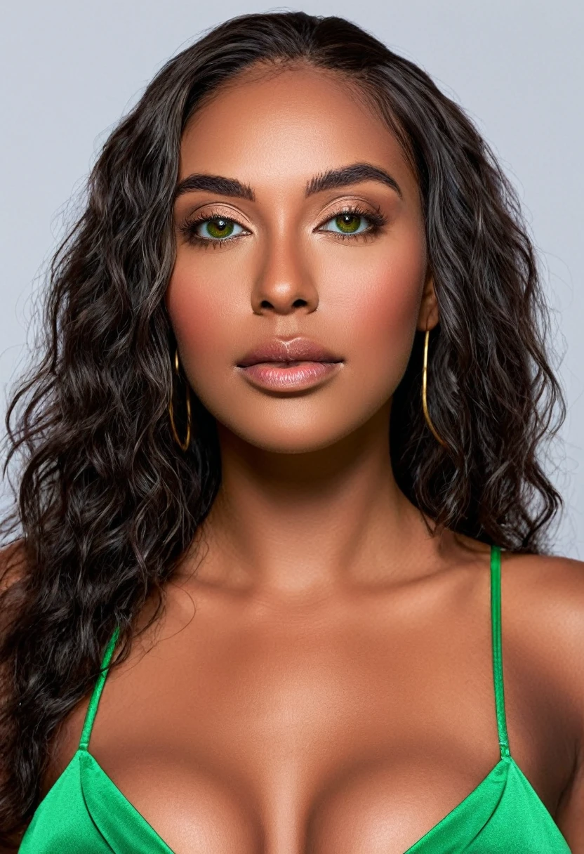 (selfie, vista superior: 1,4), (metade reta do corpo: 1,4), foto de retrato RAW UHD, a beautiful woman, beautiful Latin face, Brazilian supermodel, stunning, stunning beauty, Angolan descent, most beautiful woman in the world, jaw-dropping beauty, young adult 30 years old, She has an exotic beauty, native Brazilian, tall woman, a stunning black African woman, with indigenous features, beautiful indigenous girl, ((An indigenous African girl with European ebony)), ((her beauty is undeniable)), beautiful young ebony girl with dark skin, tanned Mexican. *hair: Curly black hair with brown highlights, Voluminous black hair with brown highlights, vibrant and dynamic cut with soft waves. *eyes: green and expressive eyes, beautiful green eyes, realistic green eyes, detailed green eyes, ultra realistic, symmetrical, hyper realistic, (eyeliner, long eyelashes), intense and penetrating look, seductive, mysterious and charming look, look at it magnetism, attraction and fascination. * Eyebrows: Perfect eyebrows that arch gracefully above the eyes and are thick. * the nose is small and proportional to the face and the soft contour of the face that accentuates the high cheekbones. *Mouth: Attractive and irresistible mouth, well-defined lips, full lips, voluminous lips, seductive lips, captivating, striking, unforgettable, mischievous, sexy, your features are captivating, seductive expression, a seductive smile is enigmatic *Face shape: O the face is oval, with high cheekbones and a well-defined chin, a beautiful and detailed face. *Makeup: Makeup is subtle, but highlights natural features. Skin Tone: Olive skin, with healthy and even glow, with olive skin, dark skin, sexy girl with dark skin, detailed skin texture, beautiful and glowing skin, intricate details, smooth skin, healthy and radiant appearance. *body: attractive and slim woman, medium bust, athletic, thin waist, wide hips, big butt, thick thighs, shapely legs. sexy pose, full body photo, ((seductive)), Sexy, (black leath
