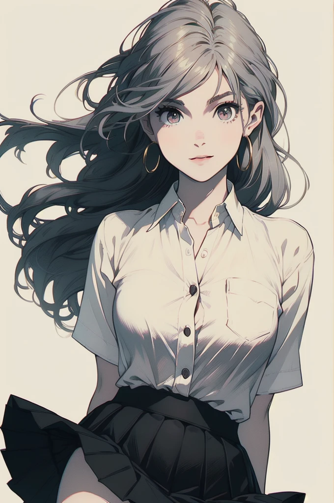 ((masterpiece, Highest quality)), (One girl), (alone), (Focus on women), (Ahoge, Gray Hair, Very long hair), Golden Eyes, A light smile, Open your mouth, ((White shirt), (Buttoned shirt), (Button gap)), ((Black Skirt), (Short skirt)), Are standing, White Background, Put your arms behind your back, Dynamic Angle,