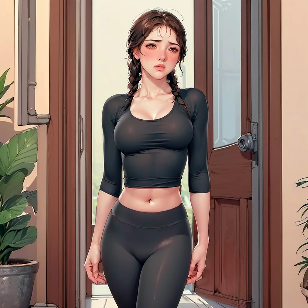 (（（Perfect body,White and tender skin,（（（Black yujiasuit, yoga pants, yoga long sleeves）））,（（（brown eyes, braid, long hair, braided ponytail, single braid, hair over shoulder, bangs, blush, lips）））,((masterpiece)),highres,((Best quality at best)),masterpiece,quality,Best quality,(（（ Exquisite facial features,Looking at the audience,There is light in the eyes,(（（frown，blush）））Kneeling on the ground，From the back，Plump buttocks，）））,（（（Light and shadow,Huge breasts,）））,（（（Looking at the camera,White background)））)