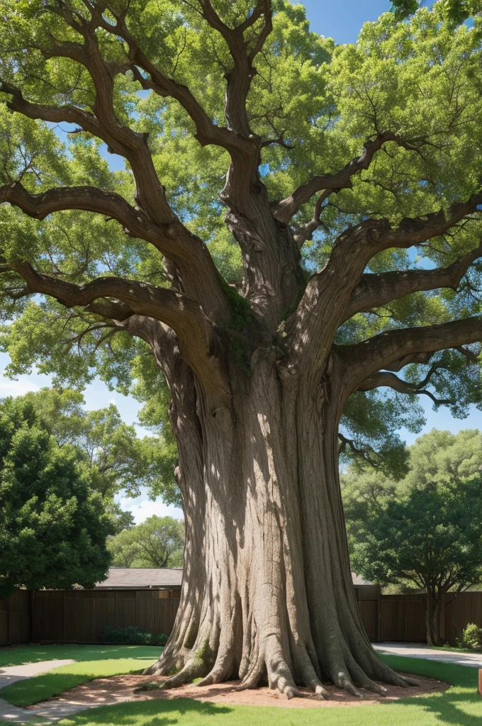 a thick trunked oak tree in a yard and a  putting her hand on the trunk