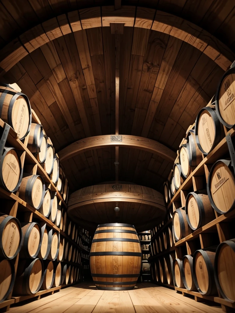 A close POV photo of a beer cellar with huge a beer barrel on the right and a lot of bear blasses on the left
