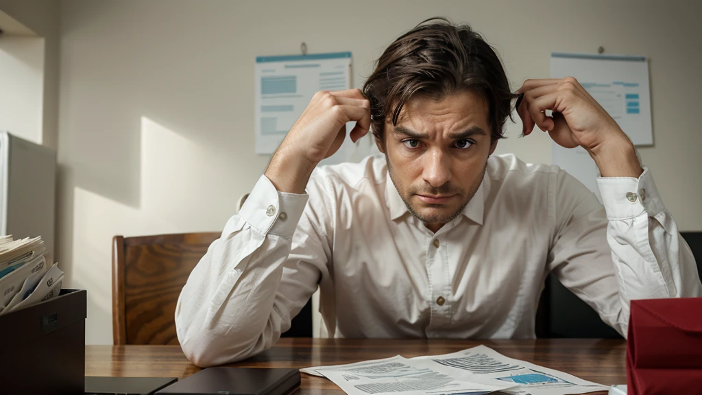 "Generate a hyper-realistic image of a man looking extremely worried about their financial situation. The person, who appears to be in their mid-30s, has a furrowed brow and a stressed expression. They are sitting at a cluttered desk with bills, receipts, and a calculator scattered around. Their posture is slumped, and they have one hand on their forehead, clearly deep in thought and anxiety. The background shows a modest home environment, adding to the sense of financial concern."

