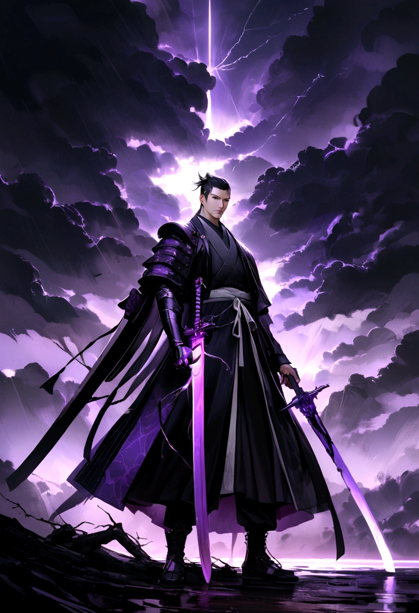 Young and tall samurai with black clothes and a little purple, Flight components, with a purple sword with bright rays, Side to side, dark background with an electrical storm, realist, I. Just the outlines. All black and white except the landscape of the storm to his sword.. It is said that the sword appears soaked in blood.. In the design of a brand logo.. simple, looking at the viewer with a serious face and a sensual smile.