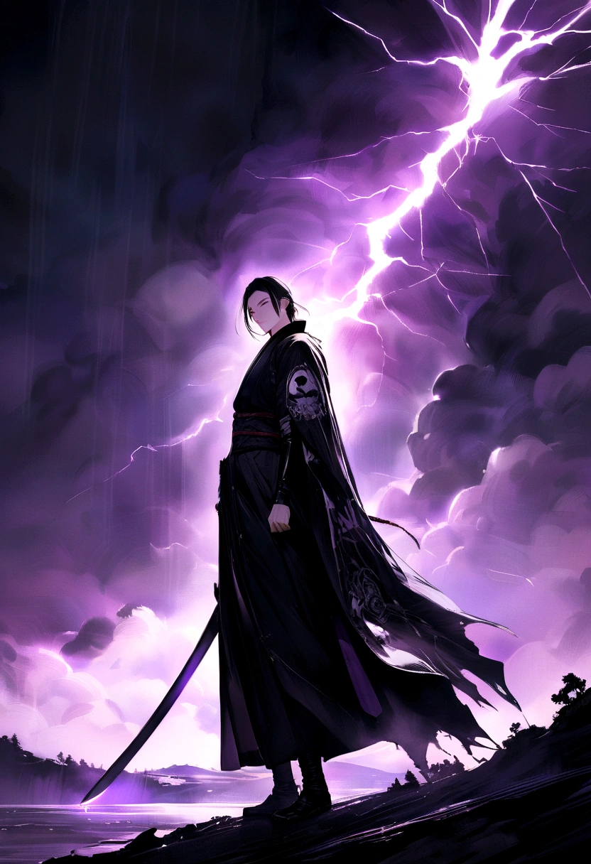 Young and tall samurai with black clothes and a little purple, Flight components, with a purple sword with bright rays, Side to side, dark background with an electrical storm, realist, I. Just the outlines. All black and white except the landscape of the storm to his sword.. It is said that the sword appears soaked in blood.. In the design of a brand logo.. simple, looking at the viewer with a serious face and a sensual smile.
