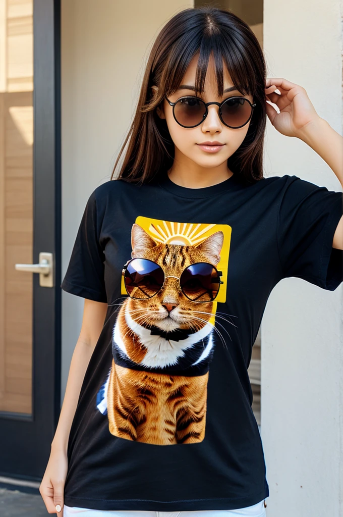 Generate a logo oka cat wearing tshirt and sun glasses