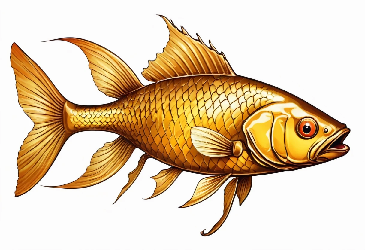 A golden crucian carp，Faucet，Horns on the head，fear，Scary，Huge teeth，ferocious，（((side view：1.2)))，White background，cartoon，Second Dimension