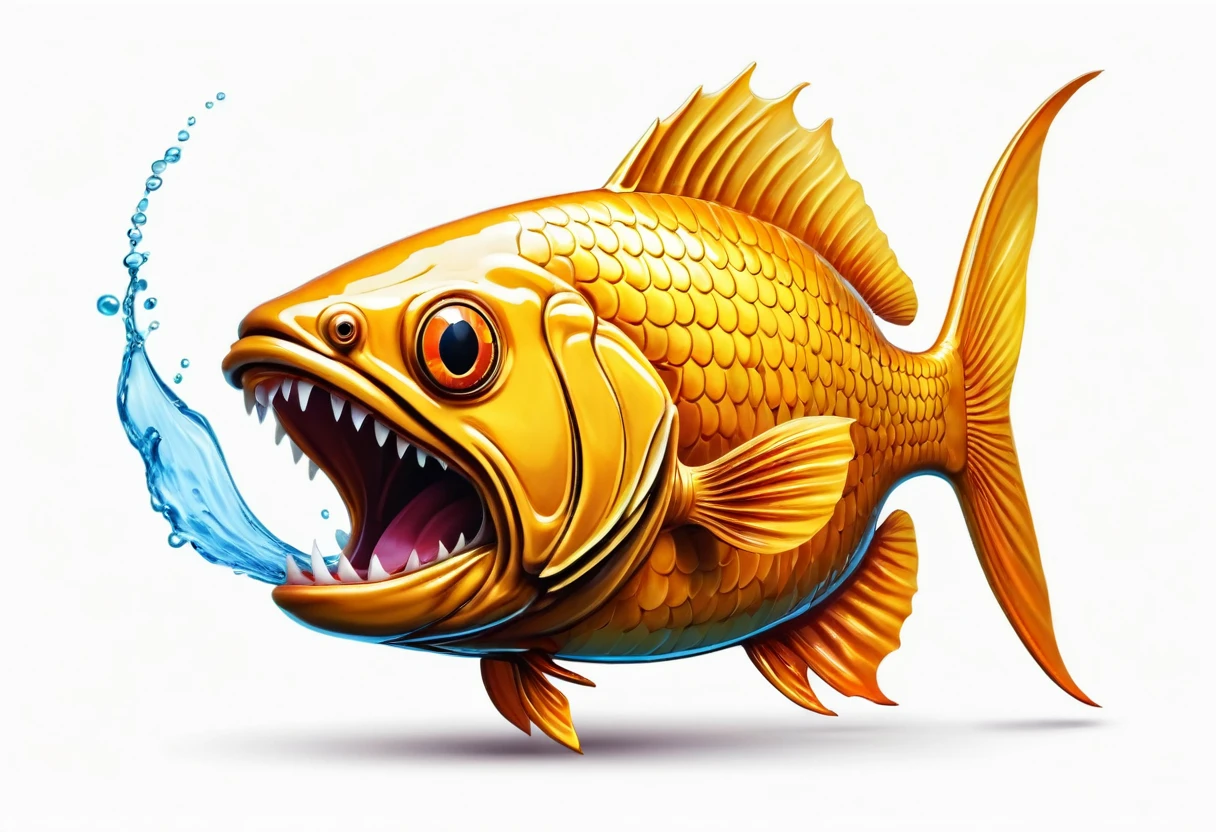 A golden crucian carp,Faucet,Horns on the head,fear,Scary,Huge teeth,ferocious,(((side view:1.2))),White background,cartoon,Second Dimension