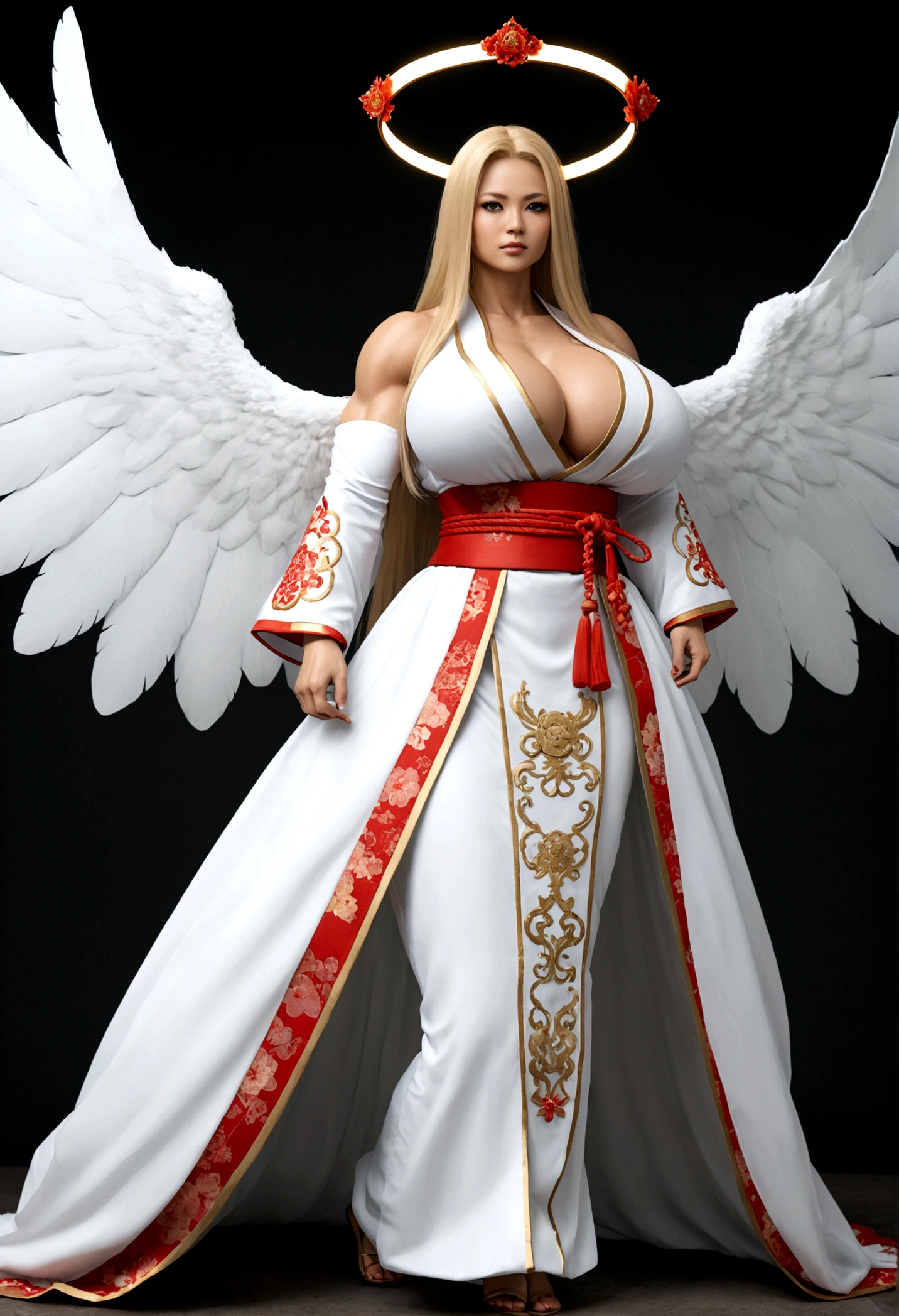 Angel girl, gigantic muscular body, gigantic breasts, big white wings, halo, samurai outfit, long hair, full body.