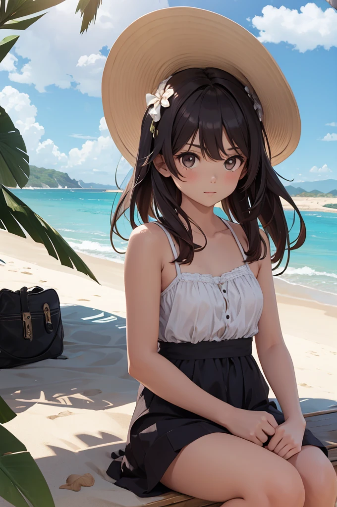 girl in summer clothes on a beach under the shade