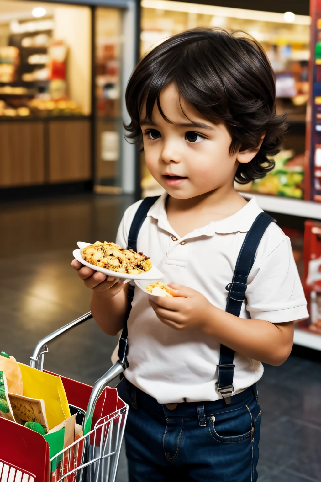 Little dark-haired boy stealing food in a shopping center