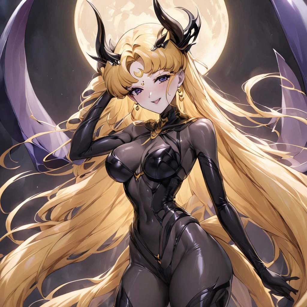 ((Highest quality)), ((masterpiece)), (detailed), （Perfect Face）、male１people女３people、夫と妻に娘二people、My husband is a powerful demon king、The woman is naked and is the bride of the Demon King, the Dark Queen of the Black Moon Clan, the Demon Queen, Devil Queen Serenity, and is wearing a shiny black full-body bodysuit decorated with gold, a sexy female demon with jet-black skin, Devil Queen Serenity.、The woman is a jet-black female demon with magnificent devil horns, jet-black devil wings, and a jet-black tail. Her skin is jet-black, and she has a black inverted crescent moon mark on her forehead. She is the jet-black demon Devil Queen Serenity, and she has blonde hair.２The expression of a girl in love with her long hair tied up、Woman is Devil Queen Serenity