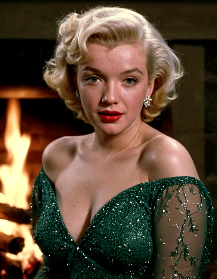 a beautiful young woman (Marilyn Monroe, age 25), wearing an airy sheer Christmas night gown (shoulders exposed, deeply plunging neckline) , nude except for night gown, her intimate areas partially exposed and very detailed, playing with a baby bunny by an old-fashioned fireplace with a roaring fire, Christmas scene (best quality, 4k, 8k, highres, masterpiece:1.2), ultra-detailed, (realistic, photorealistic, photo-realistic:1.37), HDR, UHD, studio lighting, ultra-fine painting, sharp focus, physically-based rendering, extreme detail description, professional, vivid colors, bokeh, portrait, figurative, intimate, sensual, cozy, Christmas, warm lighting, chiaroscuro (show her entire body, show all of her)