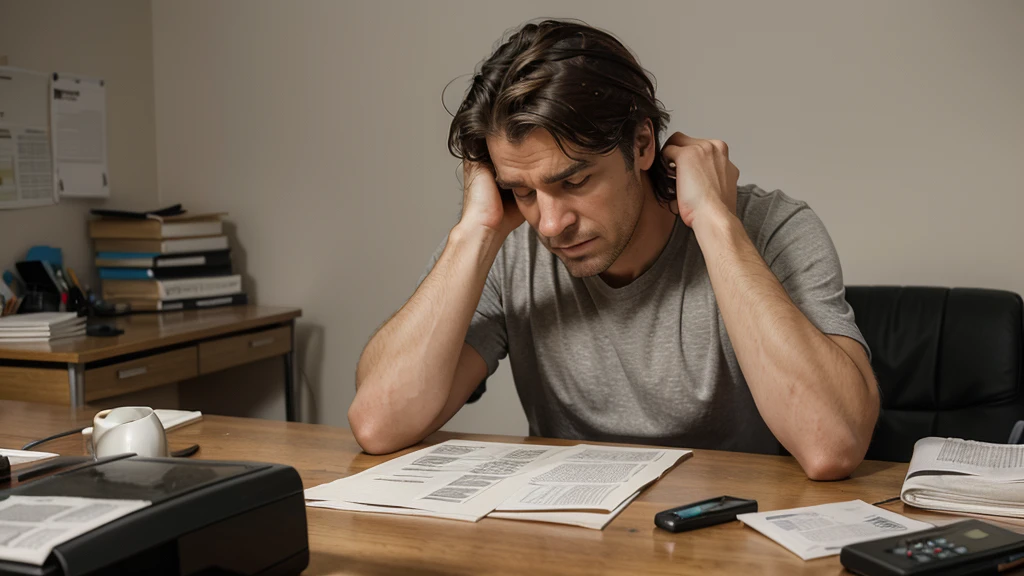 "Generate a hyper-realistic image of a man in his late 30s, looking desperate about his financial situation. He is sitting at a cluttered desk with unpaid bills, receipts, and a calculator scattered around. His hair is disheveled, and he has a distressed expression on his face. One hand is gripping his hair while the other clenches a crumpled bill. The background shows a modest, dimly lit room, emphasizing his financial struggles."

