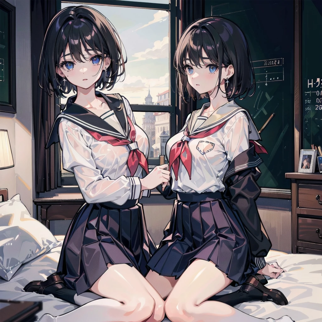 absurdres, RAW photo, extremely delicate and beautiful, masterpiece, Best Quality, ultra high resolution, 32k, hyperrealistic, ultra-detailed, in her 20s, delicate facial features, tearful mole, earring, medium breasts, full body shot, shorter middle hair, black hair, ((school uniform)), bedroom,