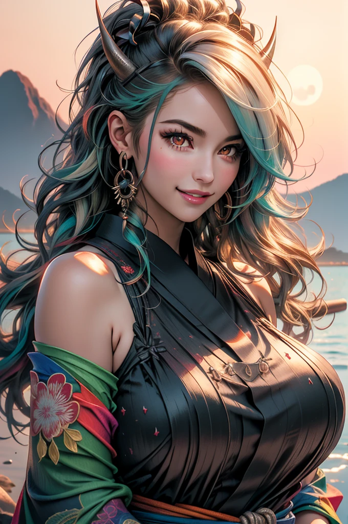 ultra realistic 8k cg, masterpiece, ((ultra detailed background, delicate pattern, intricate detail)), (highly detailed, fine details), best quality, (photorealistic:1.4),beautiful lighting, absurdres, RAW photo, film grain, ((Big breasts, Masculine girl)), Yamato, long hair, 1girl, horns, white hair, solo, oni, red horns, curled horns, hair ornament, (multicolored horns), jewelry, earrings, japanese clothes, kimono, hair stick, sleeveless, bare shoulders, aqua hair, sidelocks, hoop earrings, hakama, smile, wide smile, ((orange eyes, Masculine girl, Big breasts)), (complex detailed background, barren land, moon, portrait, close-up),