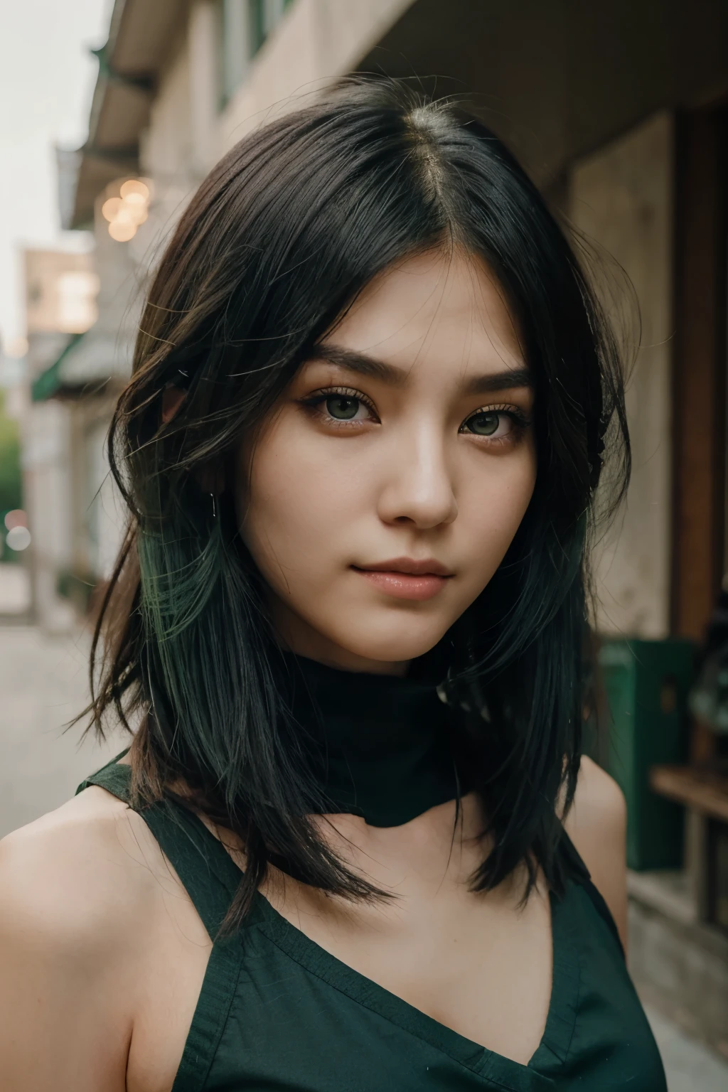a girl with long wolf cut hairstyle, green and black hair, facing forward, with a cool smirk, beautiful face, masterpiece, best quality, boyish clothing, korean girl, dark emerald green eyes, masterpiece, portrait.