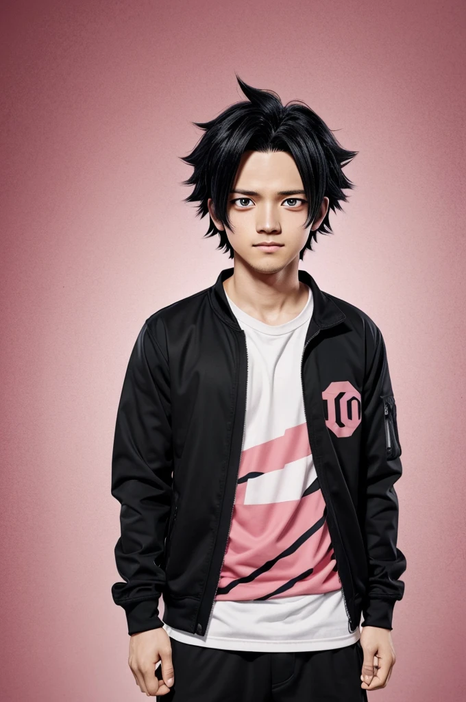 Capture of boku no hero academia.
Man red eyes messy black hair with a pink streak serious expression and baggy clothes
