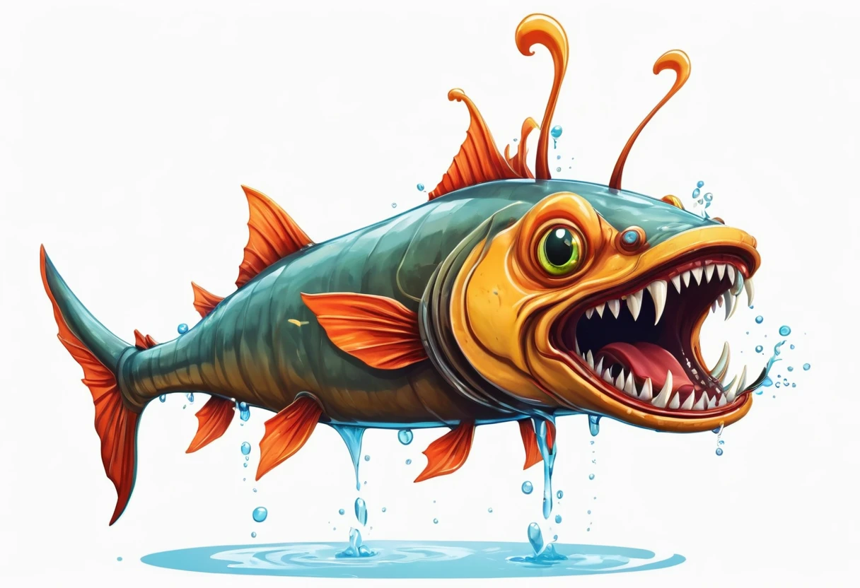 A catfish,Faucet,Horns on the head,fear,Scary,Huge teeth,ferocious,(((side view:1.2))),White background,cartoon,Second Dimension