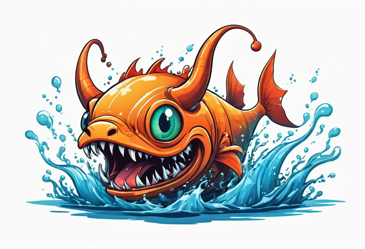 A catfish，Faucet，Horns on the head，fear，Scary，Huge teeth，ferocious，（((side view：1.2)))，White background，cartoon，Second Dimension
