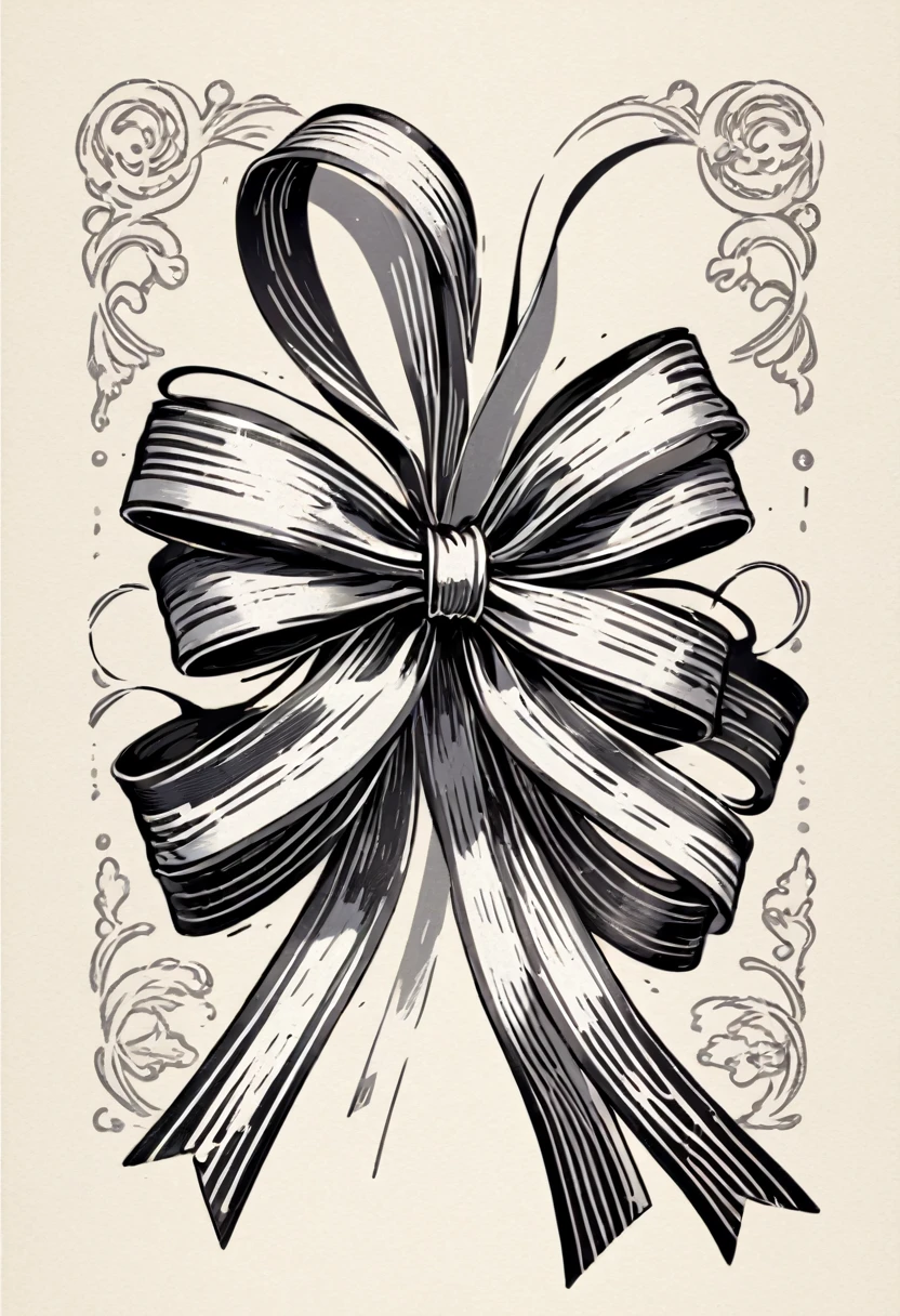 masterpiece、super beautiful、８K、Asymmetric、Two long, wavy ribbons、flat、An illustration of a ribbon tied in a bowknot, drawn with worn lines in the style of medieval black and white letterpress printing.