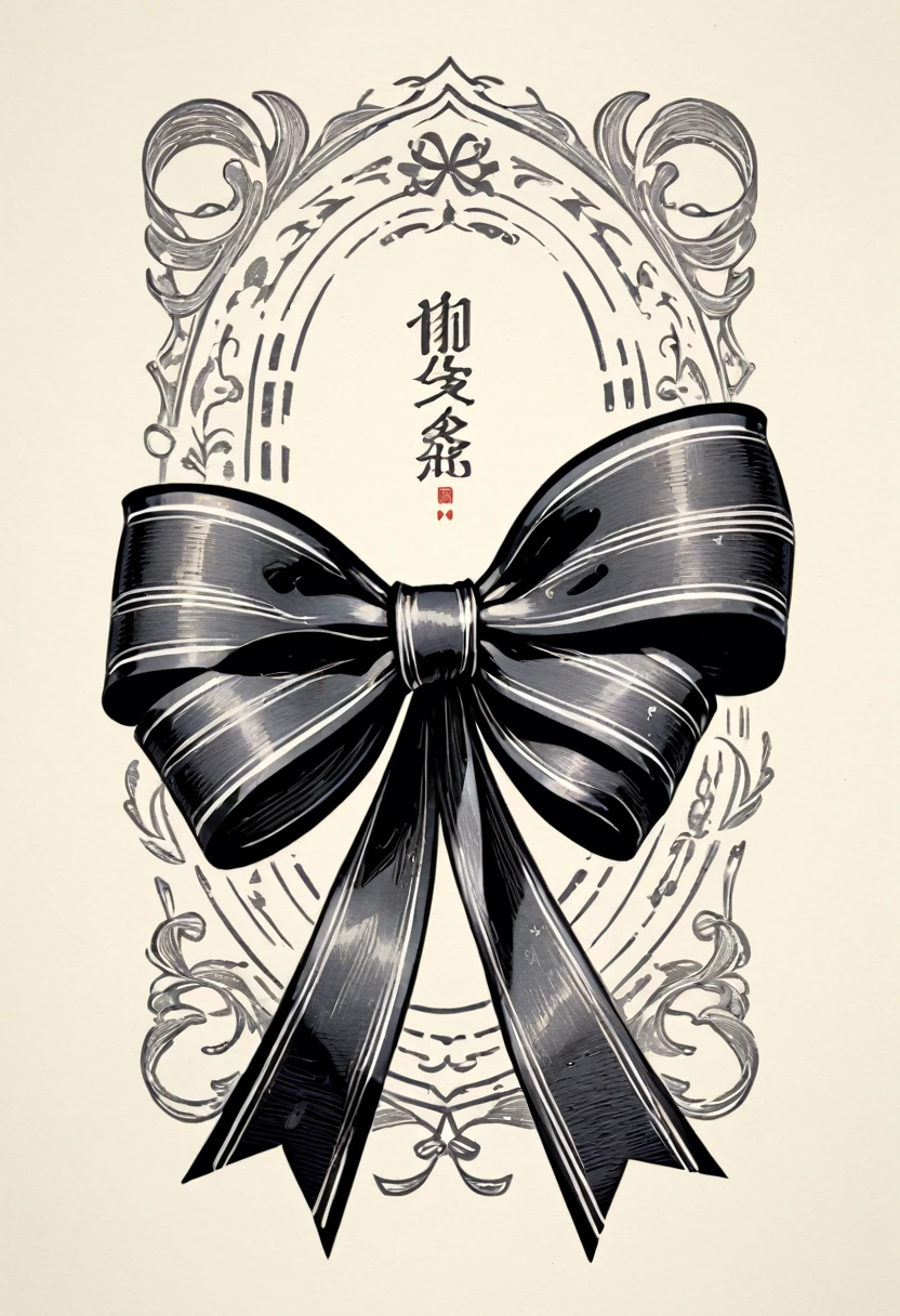 masterpiece、super beautiful、8K、Asymmetric、Two long, wavy ribbons、flat、An illustration of a ribbon tied in a bowknot, drawn with worn lines in the style of medieval black and white letterpress printing.