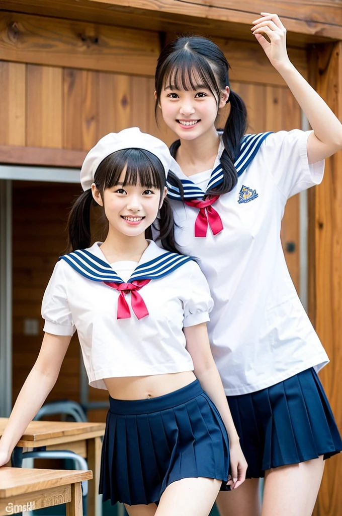 2 girls walking in wooden school classroom,white sailor shirt and white thong,18-year-old,bangs,a little smile,thighs,knees,short hair with low pigtails bunches,from below,front light