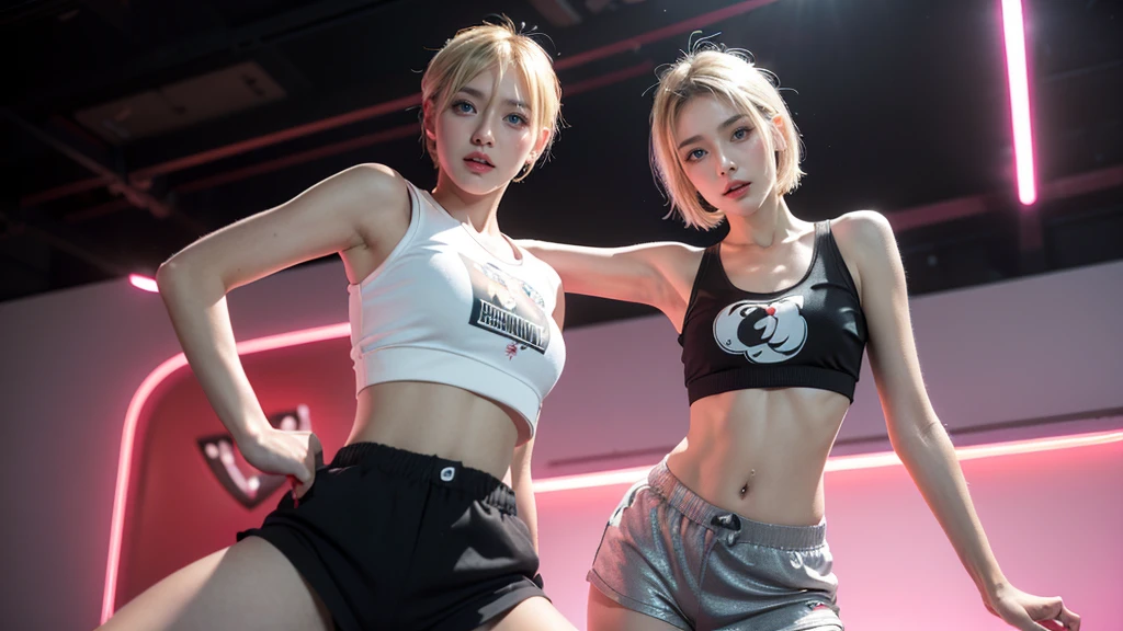 (Very fine eye), (((Fabric Shading))), (((Highest quality))), (((Tabletop))), (((Ultra-high-definition CG))), Saucy girl, (((magical girl))), (small), (Large Breasts), Blonde Short Hair, Blonde Short Hair, Blonde Short Hair, Pinup Emo, ((nice hair)), Pink Eyes, (((Hip Hop Style, Burning hot in the dismantled panties, While glamorous, Printed crop top, Deconstructed Panties Pants Black,And y2k))), ((Strike a Pose)), (((Game CG)) (nice, Saucy, It Girl), Fine Jewelry, Full LED background, LED shining in the background, retro lights, Hip hop vibe, LED lights in the background, light retro led, magic disco light led, Strong 80's atmosphere,, Cowboy Shot, Mid Shot, Centered Images, Look into the camera, Front view